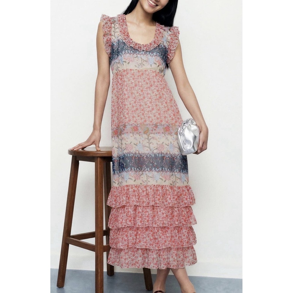 Anna Sui $598 Garden Paisley Floral Dress Spring Bohemian Fairy Tiered Peasant